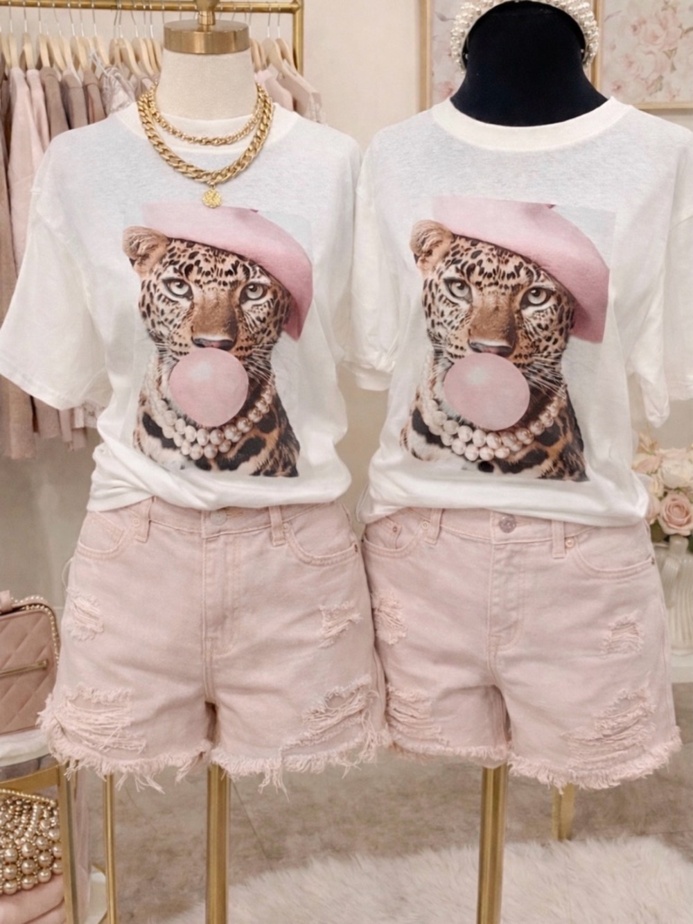 Leopard Graphic Tee with Pink Bubble and Accessories